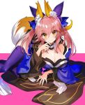  1girl animal_ear_fluff animal_ears bangs bare_shoulders blue_bow blue_kimono blue_legwear blush bow breasts brown_eyes cleavage closed_mouth commentary_request eyebrows_visible_through_hair fate/grand_order fate_(series) fingernails fox_ears fox_girl fox_tail full_body hair_bow hand_up hayama_eishi highres japanese_clothes kimono large_breasts long_hair looking_at_viewer lying on_stomach pink_hair shiny shiny_clothes shiny_hair shiny_skin simple_background smile solo tail tamamo_(fate)_(all) tamamo_no_mae_(fate) thighhighs wide_sleeves 