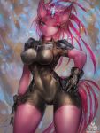  black_clothing black_gloves blue_eyes breasts broken_horn clothing equid eyelashes female girlsay gloves hair hand_on_hip handwear hi_res horn mammal my_little_pony my_little_pony_the_movie nipple_outline pink_body pink_hair portrait scar shoulder_guards solo tempest_shadow_(mlp) three-quarter_portrait unicorn 
