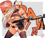  1girl animal_ears armband blonde_hair border braid breasts cat_ears cigar cleavage covered_nipples cowboy_shot crop_top eyepatch green_eyes grey_background gun highres horns large_breasts light_machine_gun long_hair machine_gun ogami original rpk single_braid solo sound_effects thighhighs underboob weapon white_bikini_bottom white_border 