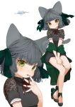  1girl :t animal_ears bangs black_dress black_footwear blush bow cat_ears cat_girl cat_tail closed_mouth commentary_request dress eyebrows_visible_through_hair fingernails gotoh510 green_bow green_eyes grey_hair hair_bow hair_ornament hairclip hand_to_own_mouth hand_up hands_together head_tilt heart highres interlocked_fingers looking_at_viewer multiple_views neck_ribbon original own_hands_together pouring red_ribbon ribbon see-through see-through_sleeves shoes short_sleeves signature simple_background sitting tail tongue tongue_out white_background x_hair_ornament 