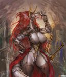  anthro arm_guards armor black_clothing bodily_fluids breasts butt_from_the_front clothing dragon female garter_straps girlsay hair hand_on_hip horn legwear melee_weapon nipple_outline open_mouth red_clothing red_eyes red_hair saliva scalie shoulder_guards small_waist solo solo_focus sword thigh_highs tongue tongue_out weapon 