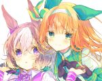  2girls animal_ears bangs black_gloves blush bow brown_hair closed_mouth collared_shirt eyebrows_visible_through_hair gloves green_eyes hair_between_eyes hair_bow hair_ornament hairband hairclip holding_hands horse_ears jacket long_hair long_sleeves multicolored_hair multiple_girls neck_ribbon necon1 orange_hair parted_lips puffy_short_sleeves puffy_sleeves purple_eyes purple_ribbon ribbon shirt short_over_long_sleeves short_sleeves silence_suzuka simple_background smile special_week streaked_hair umamusume upper_body white_background white_hair white_jacket white_shirt wristband 