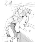  2girls ahoge apron ass bent_over blush fingering hachimaki headband high_ponytail highres hinata_hibari japanese_clothes kantai_collection long_hair low-tied_long_hair monochrome multiple_girls ponytail ribbon shouhou_(kantai_collection) skirt smile sweat tears translation_request very_long_hair zuihou_(kantai_collection) 
