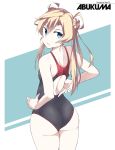  1girl :o abukuma_(kantai_collection) ass back bangs blonde_hair blue_eyes character_name double_bun eyebrows_visible_through_hair from_behind hair_rings kantai_collection long_hair one-piece_swimsuit open_mouth simple_background solo souji swimsuit twintails white_background 