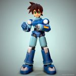  1boy 3d 3d_(artwork) arm_cannon armor brown_hair capcom clenched_hand eyebrows green_eyes hair hunter_mortenson looking_at_viewer male male_focus mechanical pose rock_volnutt rockman rockman_dash smile solo solo_focus 