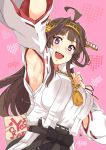  1girl :d ahoge aoi_manabu armpits breasts brown_hair double_bun headgear jewelry kantai_collection kongou_(kantai_collection) large_breasts long_hair looking_at_viewer nontraditional_miko open_mouth pink_background purple_eyes remodel_(kantai_collection) ring smile solo wedding_band yes-no_pillow 