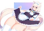  animal_humanoid blue_eyes blush bottomwear cat_humanoid clothing clothing_lift felid felid_humanoid feline feline_humanoid female hair humanoid legwear long_hair mammal mammal_humanoid nekopara open_mouth pussy skirt skirt_lift solo thigh_highs tofuubear vanilla_(sayori) 