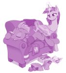  2019 apple bag bedding blanket broken_horn cape clothed clothed_feral clothing doughnut dstears equid female feral food friendship_is_magic fruit hi_res horn levitation magic mammal monochrome my_little_pony my_little_pony_the_movie open_mouth photo plant rainbow_dash_(mlp) saddle_bag simple_background sleeping smile sofa sweater tempest_shadow_(mlp) topwear twilight_sparkle_(mlp) unicorn winged_unicorn wings 
