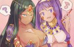  ? animal_ears armlet bangs between_breasts black_hair blush breast_hold breast_squeeze breastplate breasts bubble_tea bubble_tea_challenge bust_cup circlet cleavage collarbone dark_skin drinking_straw earrings egyptian_clothes facepaint facial_mark fate/grand_order fate_(series) forehead_jewel green_eyes hairband highres hoop_earrings jackal_ears jewelry large_breasts long_hair low-tied_long_hair medium_breasts murujimu musical_note nitocris_(fate/grand_order) parted_bangs pauldrons purple_eyes purple_hair scheherazade_(fate/grand_order) sidelocks smile spoken_musical_note spoken_question_mark usekh_collar very_long_hair 