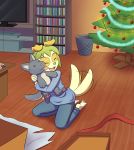  anthro benji_(twin_dragons) canid canine canis christmas clothed clothing cub domestic_dog dragonkai fully_clothed happy hi_res holidays inside male mammal plushie solo tailwag thenekoboi twin_dragons_(webcomic) young 
