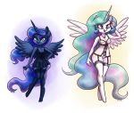  2018 anthro anthrofied basque blue_hair chemise clothing cosmic_hair cutie_mark duo equid friendship_is_magic garter_straps hair hand_on_hip hi_res horn jewelry king-kakapo legwear lingerie long_hair mammal multicolored_hair my_little_pony necklace panties princess_celestia_(mlp) princess_luna_(mlp) stockings thigh_highs underwear unicorn 