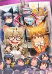  3girls :3 :d ^_^ against_glass animal_ear_fluff animal_ears artist_request bangs black-framed_eyewear black_hair black_neckwear blonde_hair blue_jacket bow bowtie caracal_(kemono_friends) cat_ears character_doll closed_eyes commentary_request copyright_name crane_game drooling elbow_gloves emperor_penguin_(kemono_friends) extra_ears ezo_red_fox_(kemono_friends) fox_ears fur-trimmed_sleeves fur_trim gentoo_penguin_(kemono_friends) glasses gloves grey_hair habu_(kemono_friends) hair_between_eyes humboldt_penguin_(kemono_friends) jacket kemono_friends long_hair lucky_beast_(kemono_friends) margay_(kemono_friends) margay_print multicolored_hair multiple_girls necktie official_art open_mouth orange_eyes orange_jacket poster_(object) print_gloves print_neckwear rockhopper_penguin_(kemono_friends) royal_penguin_(kemono_friends) serval_(kemono_friends) shirt short_hair silver_fox_(kemono_friends) sleeveless sleeveless_shirt smile stuffed_toy sweatdrop two-tone_hair v-shaped_eyebrows white_neckwear white_shirt yellow_neckwear 