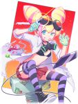  1girl bikini_top blonde_hair blue_eyes computer double_bun gas gas_mask gloves goggles highres labcoat laptop lucia_fex mecyo_(mamezurushiki) multicolored_hair promare sharp_teeth smile striped striped_legwear teeth two-tone_hair vinny_(promare) 