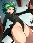  1girl black_dress breasts closed_mouth covered_nipples curly_hair dress green_eyes green_hair highres long_sleeves one-punch_man roropull short_hair small_breasts solo tatsumaki thighhighs 