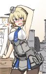  1boy 1girl admiral_(kantai_collection) anchor arm_up armoire armpits black_legwear blonde_hair blue_eyes blue_neckwear blush breasts colorado_(kantai_collection) commentary_request cowboy_shot dress garrison_cap grey_dress hamu_koutarou hat headgear highres kantai_collection large_breasts looking_at_viewer mirror necktie pantyhose pleated_dress shirt short_hair side_braids sideboob sleeveless white_shirt 