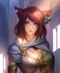  1girl animal_ears bangs breasts cat_ears cleavage closed_mouth commission day earrings facial_mark final_fantasy final_fantasy_xiv flower green_eyes hair_flower hair_ornament highres indoors jewelry light_rays lips looking_at_viewer medium_breasts miqo&#039;te nguyen_uy_vu red_hair scarf short_hair slit_pupils solo sunbeam sunlight swept_bangs upper_body 