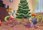  anthro christmas clothed clothing cub dragon dragonkai duo female fully_clothed gift happy holidays inside kai_(twin_dragons) kaya_(twin_dragons) male plushie snow thenekoboi twin_dragons_(webcomic) young 