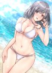  1girl ass_visible_through_thighs beach bikini black_hair breasts cleavage collarbone commentary_request dutch_angle groin horizon kantai_collection large_breasts looking_at_viewer navel ocean open_mouth shohei_(piranha5hk) short_hair solo sparkle standing swimsuit thigh_gap white_bikini yamashiro_(kantai_collection) 