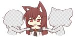  3girls :3 animal_ear_fluff animal_ears bangs bare_shoulders bow brooch brown_hair checkered collarbone commentary_request cropped_torso dress english_commentary eyebrows_visible_through_hair hair_between_eyes hair_bow imaizumi_kagerou jewelry long_hair long_sleeves looking_at_viewer multiple_girls off-shoulder_dress off_shoulder red_eyes sekibanki short_hair silhouette simple_background smile touhou upper_body wakasagihime white_background white_dress wolf_ears wool_(miwol) 
