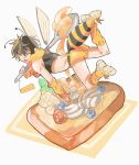  antennae ass bee_boy blueberry boots brown_hair fang food french_toast fruit highres honey hymkky3 insect_wings looking_at_viewer midriff one_eye_closed raspberry shorts simple_background skin_fang sleeveless smile spoon tank_top whipped_cream wings yellow_eyes yellow_footwear yellow_shorts 