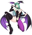  1girl :d aqua_hair ass bare_shoulders blue_eyes boots breasts cleavage detached_sleeves eyepatch fang head_wings high_heels highres kneeling long_hair looking_at_viewer morrigan_aensland navel open_mouth purple_legwear revealing_clothes simple_background smile solo teeth tetsu_(kimuchi) thigh_boots thighhighs tongue tongue_out vampire_(game) whip white_background wings 