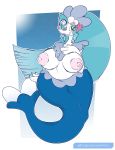  2019 absurd_res anthro big_breasts blue_hair bodily_fluids breasts digital_media_(artwork) duragon female green_eyes hair hi_res huge_breasts lactating mature_female nintendo overweight overweight_female pok&eacute;mon pok&eacute;mon_(species) primarina simple_background video_games voluptuous wide_hips 