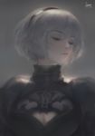  1girl 2019 absurdres artist_name black_dress black_hairband breasts cleavage cleavage_cutout closed_eyes dress hair_ornament hairband highres juliet_sleeves long_sleeves mole mole_under_mouth nier_(series) nier_automata no_blindfold portrait puffy_sleeves seuyan short_hair silver_hair solo yorha_no._2_type_b 