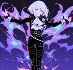  1boy black_gloves black_jacket blonde_hair cravat earrings fire gloves green_hair half_gloves highres jacket jewelry karokuchitose lio_fotia looking_at_viewer male_focus open_mouth promare purple_eyes solo 