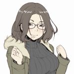  1girl black_sweater blush breasts brown_hair close-up closed_mouth coat eyebrows_visible_through_hair glasses ina_(gokihoihoi) large_breasts long_sleeves looking_at_viewer mole mole_under_eye original simple_background smile solo sweater upper_body white_background 