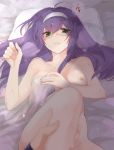  1boy 1girl ahoge banned_artist blurry_foreground blush breasts closed_mouth collarbone cyaca_ab eyebrows_visible_through_hair fire_emblem fire_emblem:_akatsuki_no_megami green_eyes hair_between_eyes hairband long_hair looking_at_viewer lying nipples on_back on_bed pillow purple_hair small_breasts smile speech_bubble sweat very_long_hair wayu_(fire_emblem) white_hairband 