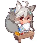  1girl ahoge animal_ear_fluff animal_ears bangs barefoot blue_bow blush bow candy_apple chibi closed_mouth commentary_request corn cotton_candy dark_skin eating eyebrows_visible_through_hair facial_mark floral_print food fox_ears fox_girl fox_tail grey_hair hair_between_eyes holding holding_food japanese_clothes kimono long_sleeves looking_at_viewer obi original plate ponytail print_kimono red_eyes sash simple_background sitting solo tail tail_raised white_background white_kimono wide_sleeves yakitoumorokoshi yuuji_(yukimimi) 