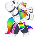  1:1 alpha_channel anthro belt body_hair bulge chaps clothing dave_(character) ear_piercing ear_ring equid facial_hair harness horn jockstrap male mammal muscular muscular_male notkastar piercing rainbow signature solo standing super_gay text underwear unicorn 