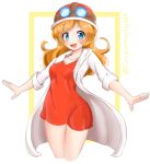  blue_eyes blush dress eyeliner ginger goggles goggles_on_head goggles_on_headwear helmet highres labcoat maccha_pudding_(dragonmaster464) makeup medium_hair mona_(warioware) motorcycle_helmet outstretched_arms red_dress red_hair short_dress smile smile_face thighs warioware white_background white_coat 