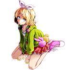  1girl bangs blonde_hair blue_eyes bow cardigan closed_mouth cross-laced_footwear full_body green_sweater hair_bow hairband headphones headphones_around_neck heart heart_necklace highres hood hood_down hooded_sweater kagamine_rin looking_at_viewer melancholic_(vocaloid) miniskirt nail_polish open_cardigan open_clothes pink_footwear project_diva_(series) red_skirt ribbon shirt short_hair simple_background sitting skirt smile solo sweater swept_bangs tsukishiro_saika vocaloid wariza watch white_background white_bow white_hairband white_ribbon white_shirt wristwatch yellow_nails 