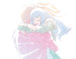  1boy 1girl akirametsu blue_hair brown_hair closed_eyes fur_trim hair_ribbon happy hood hoodie hug jacket long_hair long_sleeves open_mouth ribbon shoumetsu_toshi smile takuya_(shoumetsu_toshi) tears white_background yuki_(shoumetsu_toshi) 