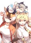  &gt;_&lt; 3girls :d absurdres animal_ear_fluff bangs black_hair blonde_hair brown_hair cheetah_(kemono_friends) cheetah_ears cheetah_print collared_shirt commentary_request elbow_gloves extra_ears eyebrows_visible_through_hair fang gloves gradient_hair greater_roadrunner_(kemono_friends) grey_hair hair_between_eyes highres horizontal_pupils horns jacket japari_symbol kanzakietc kemono_friends long_hair looking_at_viewer multicolored_hair multiple_girls necktie open_mouth orange_eyes print_gloves print_neckwear pronghorn_(kemono_friends) shirt simple_background smile track_jacket v-shaped_eyebrows white_background white_hair white_shirt xd yellow_eyes 