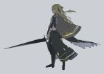  1girl asuteroid blonde_hair blue_eyes cape cornea_(asuteroid) full_body hair_ornament hair_ribbon holding holding_sword holding_weapon long_hair long_sleeves neon_trim original ribbon side_ponytail side_slit sketch skirt solo standing sword weapon 