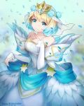  1girl bare_shoulders blonde_hair blue_eyes blue_hair closed_mouth crown dress earrings feather_trim fire_emblem fire_emblem_heroes fjorm_(fire_emblem_heroes) flower gradient_hair greyradian hair_flower hair_ornament hand_up highres jewelry long_sleeves looking_at_viewer multicolored_hair short_hair smile solo standing twitter_username white_dress 