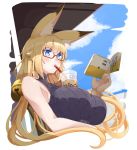  amino_dopple animal_ear_fluff animal_ears bangs bell blonde_hair blue_eyes book breasts bubble_tea_challenge fox_ears glasses large_breasts long_hair original red-framed_eyewear ribbed_sweater semi-rimless_eyewear sleeveless_sweater sweater under-rim_eyewear upper_body 