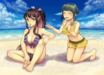  2girls alternate_hairstyle barefoot beach bikini bikini_skirt bikini_top black_hair blue_sky blush bob_cut bow_bikini braid breasts cleavage closed_eyes cloud cloudy_sky comb flower frilled_bikini frills full_body green_hair hand_on_own_knee hatomugi_seika high_ponytail kantai_collection kneeling long_hair looking_at_another multicolored_hair multiple_girls naganami_(kantai_collection) navel ocean open_mouth pink_hair ponytail purple_bikini_bottom purple_bikini_top sand seaside short_hair sidelocks sitting sky smile swimsuit takanami_(kantai_collection) yellow_bikini_bottom yellow_bikini_top yellow_eyes 