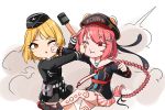  2girls appetizer_(gray) commentary_request fighting girls_frontline highres long_braid long_hair military military_uniform mp40_(girls_frontline) multiple_girls pps-43_(girls_frontline) punching russian_text soviet_navy stick_grenade uniform wehrmacht world_war_ii 