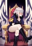  1girl absurdres ahoge bangs black_dress black_footwear blue_coat blush boots breasts cleavage coat crossed_legs dress fate/grand_order fate_(series) fur-trimmed_coat fur_trim hair_between_eyes highres holy_grail_(fate) jeanne_d&#039;arc_(alter)_(fate) jeanne_d&#039;arc_(fate)_(all) jewelry knee_boots large_breasts long_sleeves looking_to_the_side necklace open_clothes open_coat short_dress short_hair silver_hair sitting thighs throne try wicked_dragon_witch_ver._shinjuku_1999 yellow_eyes 