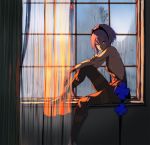  1girl black_hairband commentary_request curtains dark_skin fate/grand_order fate_(series) fingerless_gloves flower gloves hair_between_eyes hairband hassan_of_serenity_(fate) knee_up leggings looking_at_viewer purple_eyes purple_hair saitou_masatsugu short_hair sidelighting sitting solo window windowsill 