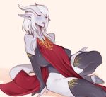  absurd_res big_breasts blizzard_entertainment blue_eyes blue_tongue blush breasts clothed clothing draenei female hair hi_res hooves horn humanoid open_mouth simple_background sitting solo teeth tongue venusflowerart video_games warcraft white_hair 