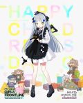  1girl :o alternate_costume apron assault_rifle bangs black_apron black_legwear blunt_bangs blush bow bowtie breasts cat character_name checkered checkered_neckwear dinergate_(girls_frontline) dress eyebrows_visible_through_hair facial_mark frills full_body g11_(girls_frontline) girls_frontline green_eyes gun gyaku_tsubasa h&amp;k_hk416 hair_ornament hair_ribbon hairband hat heckler_&amp;_koch hk416_(girls_frontline) holding holding_cat lego long_hair long_sleeves looking_at_viewer m4_sopmod_ii_(girls_frontline) m4a1_(girls_frontline) mini_hat official_art purple_legwear ribbed_legwear ribbon rifle ro635_(girls_frontline) shoes silver_hair socks solo st_ar-15_(girls_frontline) teardrop ump45_(girls_frontline) ump9_(girls_frontline) very_long_hair weapon white_dress younger 