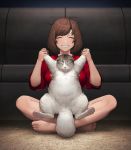  1girl bangs brown_hair cain_(gunnermul) cat closed_eyes commentary_request highres holding holding_cat indian_style original red_shirt shirt short_hair short_sleeves sitting smile teeth 