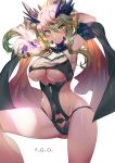  1girl aguy armpits arms_up artoria_pendragon_(all) artoria_pendragon_(lancer_alter) ass_visible_through_thighs bare_legs bare_shoulders breasts cleavage commentary_request copyright_name fate/grand_order fate_(series) floating_hair green_eyes green_hair groin hair_between_eyes horns knee_up large_breasts long_hair looking_at_viewer navel parted_lips ponytail revealing_clothes smile solo thick_eyebrows thighs underboob v-shaped_eyebrows white_background 