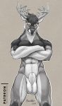  2019 abs amber_eyes animal_genitalia antlers balls biceps cervid hi_res horn male mammal moonstalker_(character) muscular muscular_male nude pecs pose richard_foley sheath solo 