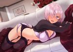  1girl :d bangs black-framed_eyewear black_sweater blush bra breasts cleavage clothes_lift couch fate/grand_order fate_(series) garter_belt garter_straps glasses hair_over_one_eye indoors large_breasts long_sleeves looking_at_viewer lying mash_kyrielight on_stomach open_mouth panties photo_(object) purple_bra purple_eyes purple_legwear purple_panties short_hair signature skindentation sleeves_past_wrists smile solo sweater sweater_lift thighhighs underwear upper_teeth 