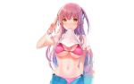  6u_(eternal_land) bikini blush hat long_hair navel photoshop pink_hair shirt_lift swimsuit twintails wet white 